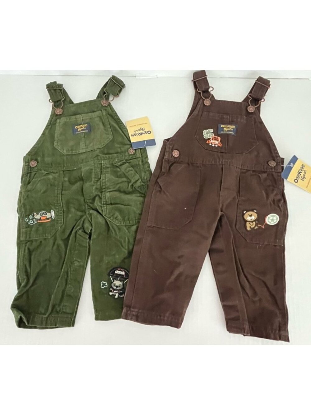 Oshkosh B'gosh Boys' 6 months Overalls Green Brown Embroidered Corduroy Twill 2p